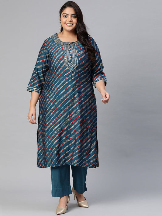 Women'S Blue Lahariya Kurta With Cotton Flex Pant Set | LASVINI - Redefining Indian Fashion with Elegance