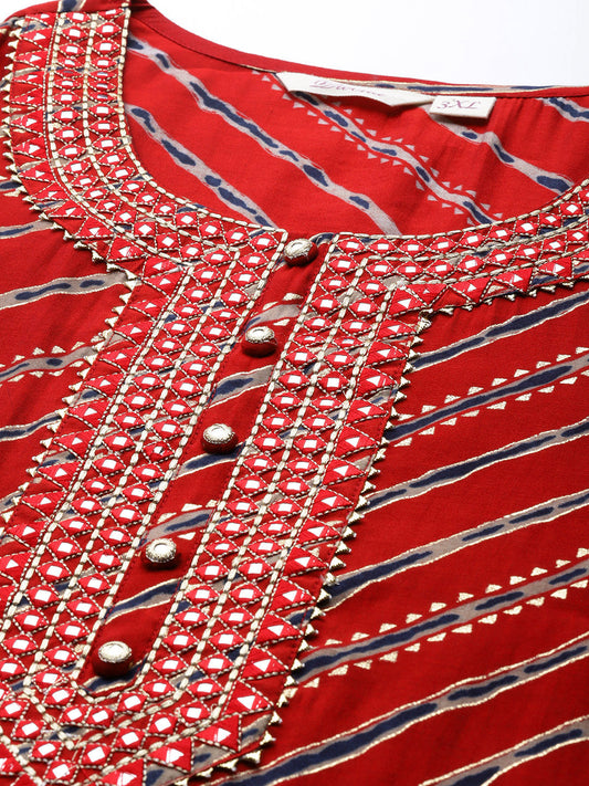 Women'S Red Lahariya Kurta With Cotton Flex Pant Set | LASVINI - Redefining Indian Fashion with Elegance