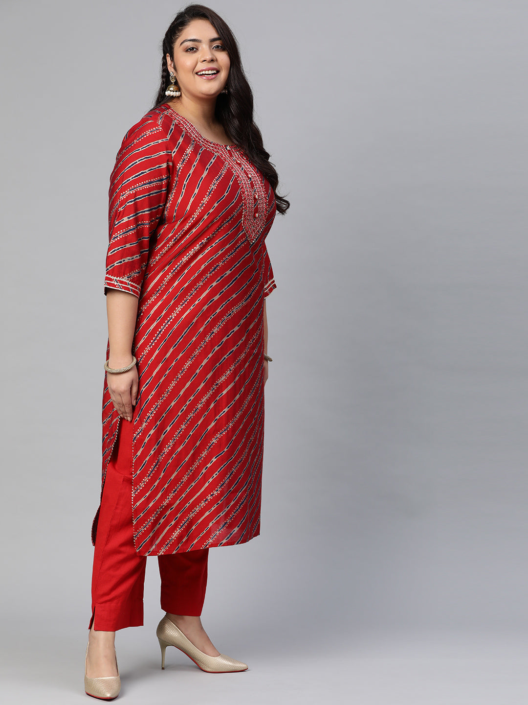 Women'S Red Lahariya Kurta With Cotton Flex Pant Set | LASVINI - Redefining Indian Fashion with Elegance