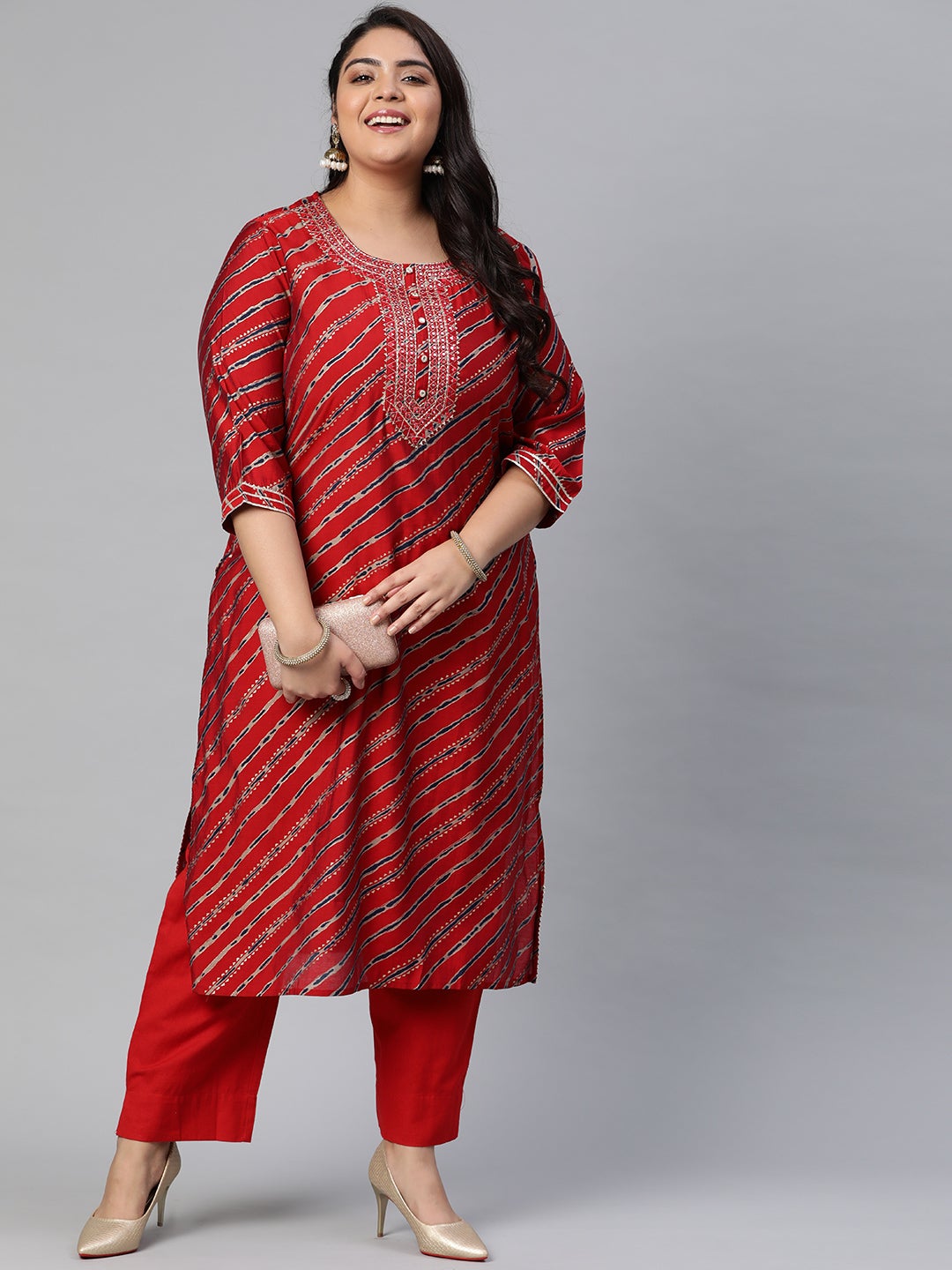 Women'S Red Lahariya Kurta With Cotton Flex Pant Set | LASVINI - Redefining Indian Fashion with Elegance