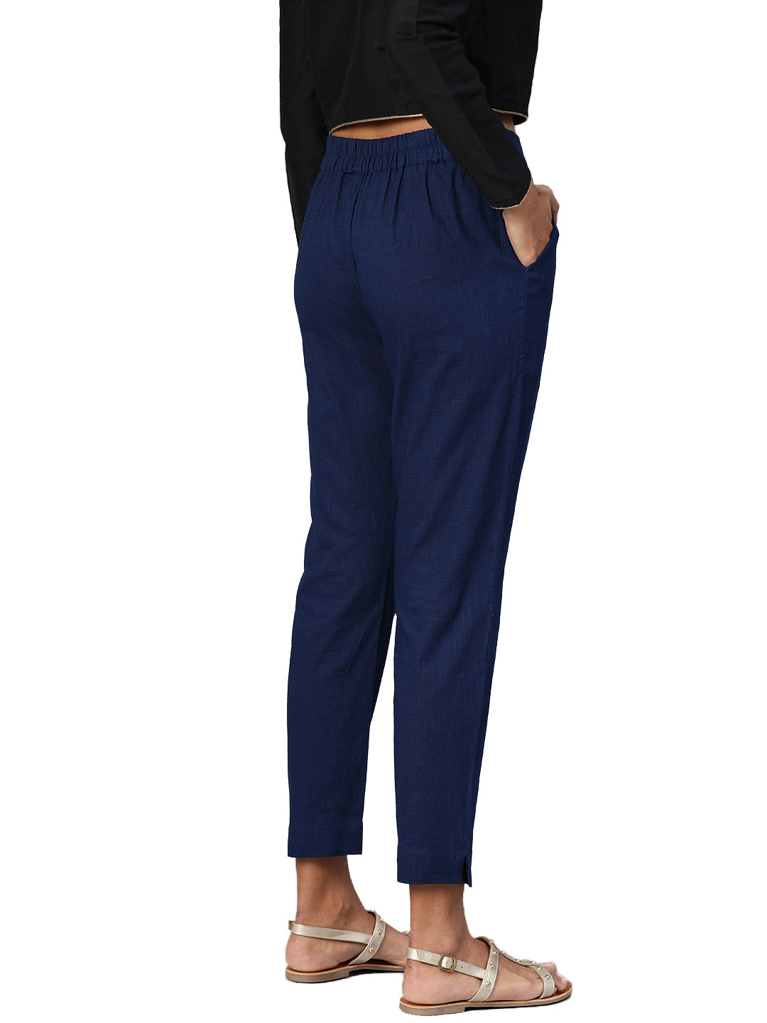 Women Navy Blue Straight Fit Solid Regular Trousers | LASVINI - Redefining Indian Fashion with Elegance