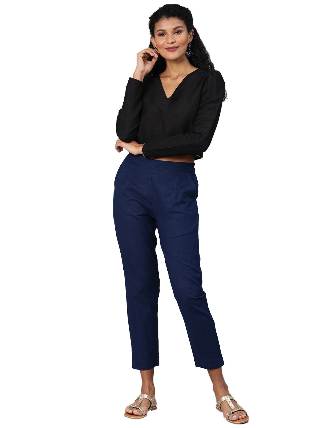 Women Navy Blue Straight Fit Solid Regular Trousers | LASVINI - Redefining Indian Fashion with Elegance