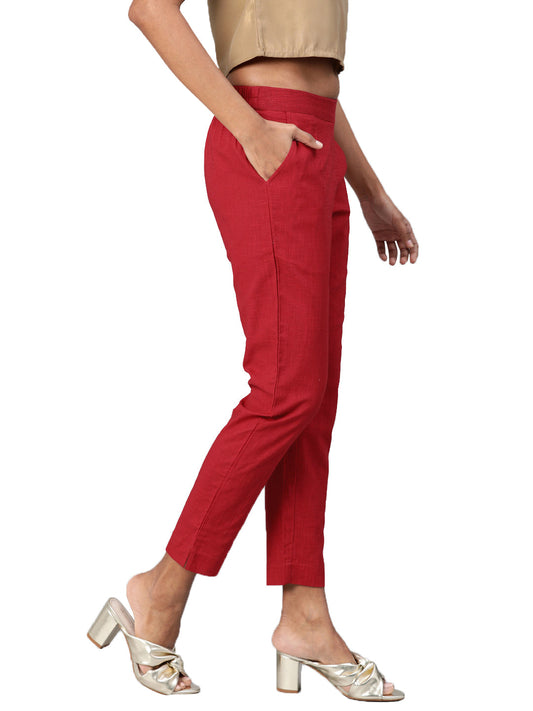 Women Maroon Straight Fit Solid Regular Trousers | LASVINI - Redefining Indian Fashion with Elegance