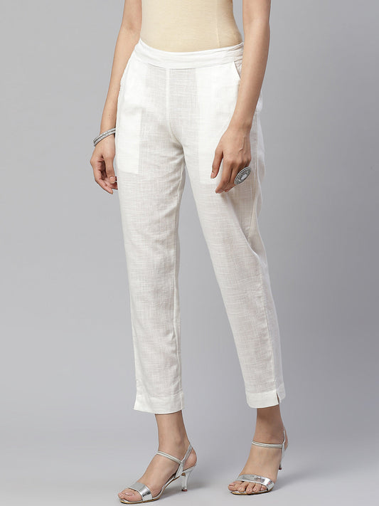 Women Off-White Comfort Regular Fit Solid Cotton Cigarette Trousers | LASVINI - Redefining Indian Fashion with Elegance