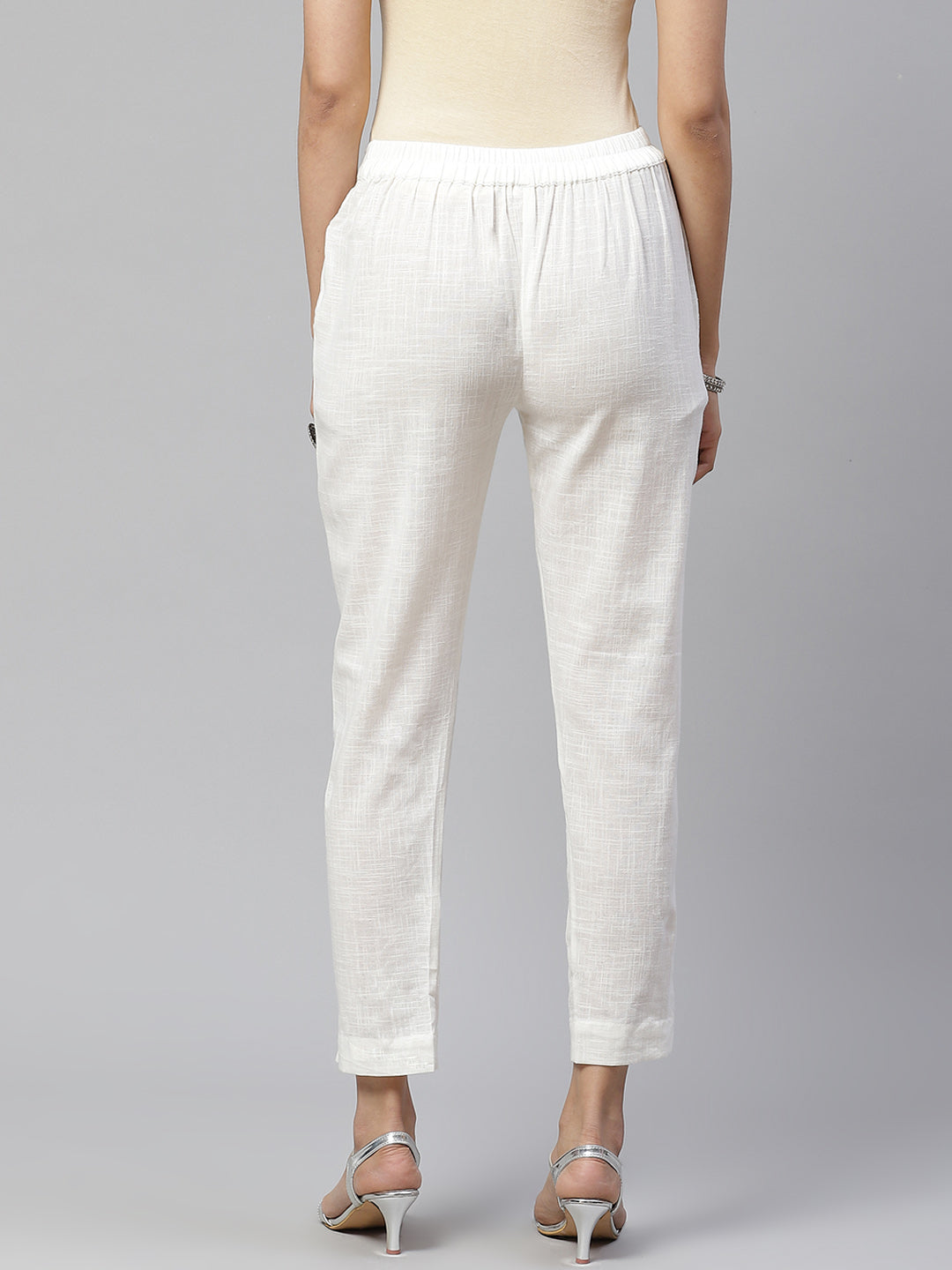 Women Off-White Comfort Regular Fit Solid Cotton Cigarette Trousers | LASVINI - Redefining Indian Fashion with Elegance