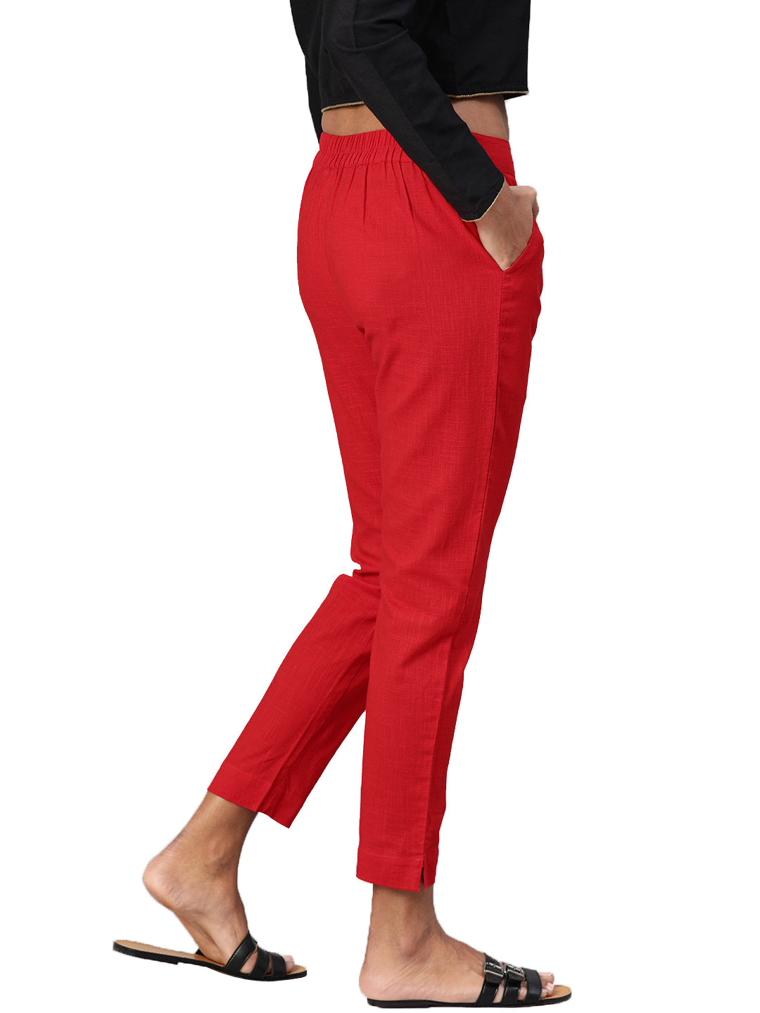 Women Red Straight Fit Solid Regular Trousers | LASVINI - Redefining Indian Fashion with Elegance