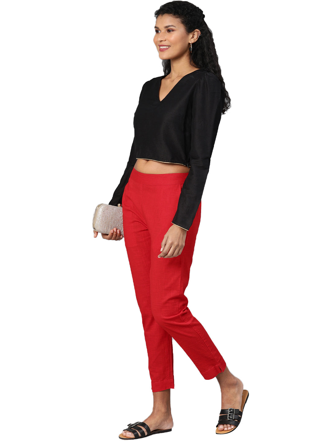 Women Red Straight Fit Solid Regular Trousers | LASVINI - Redefining Indian Fashion with Elegance