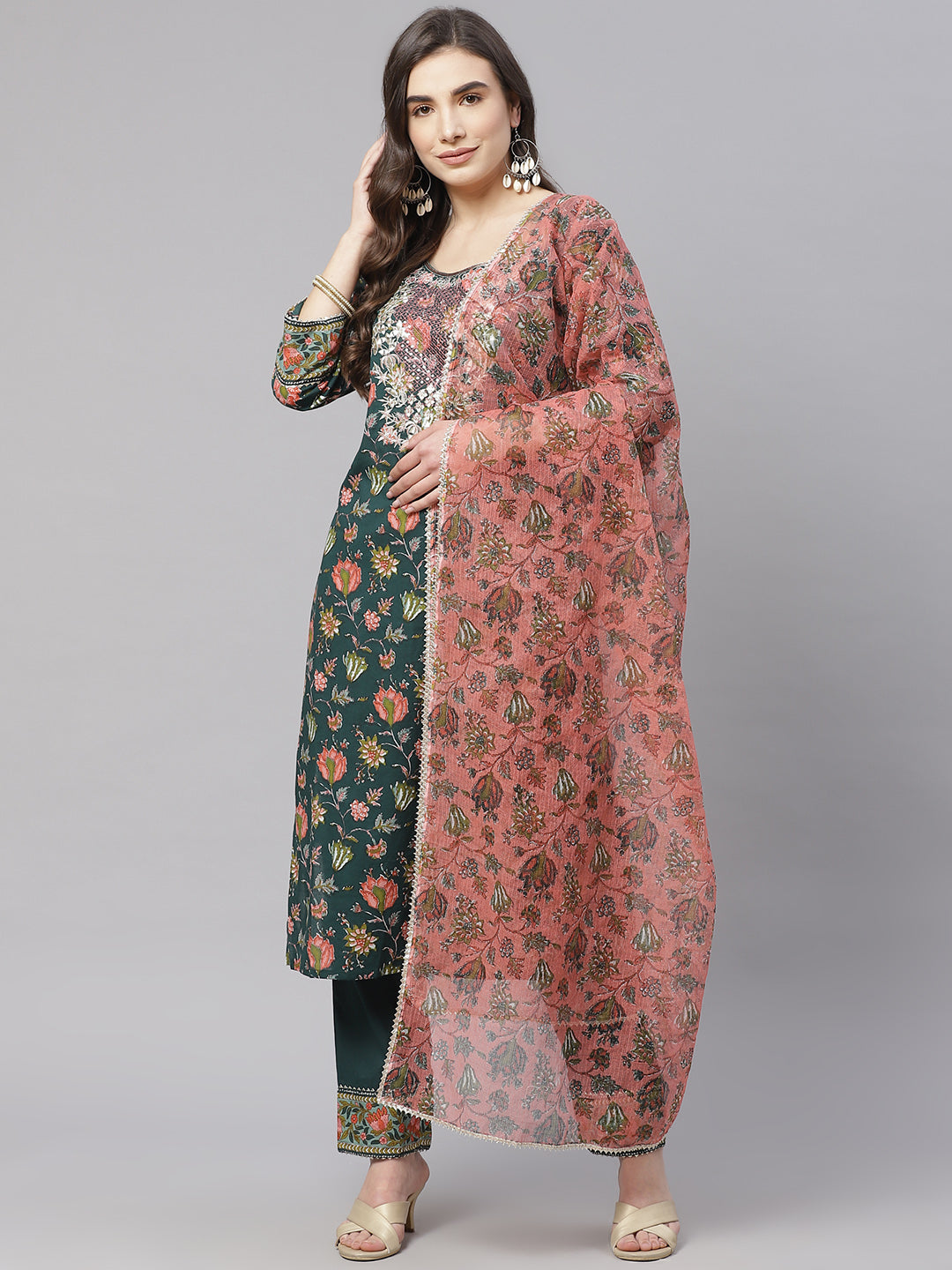 Women'S Green Floral Printed Kurta Pant Set With Dupatta | LASVINI - Redefining Indian Fashion with Elegance