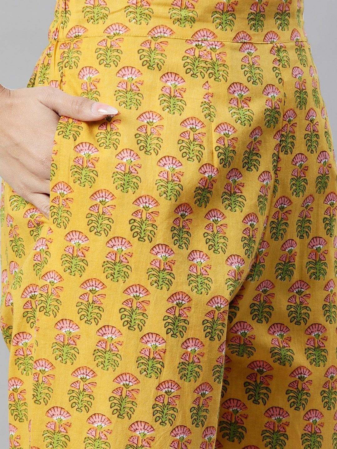 Yellow Floral Printed Straight Kurta Pant Sets | LASVINI - Redefining Indian Fashion with Elegance