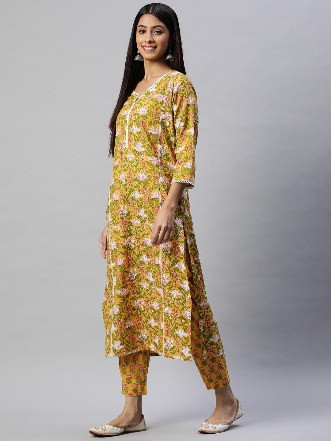 Yellow Floral Printed Straight Kurta Pant Sets | LASVINI - Redefining Indian Fashion with Elegance