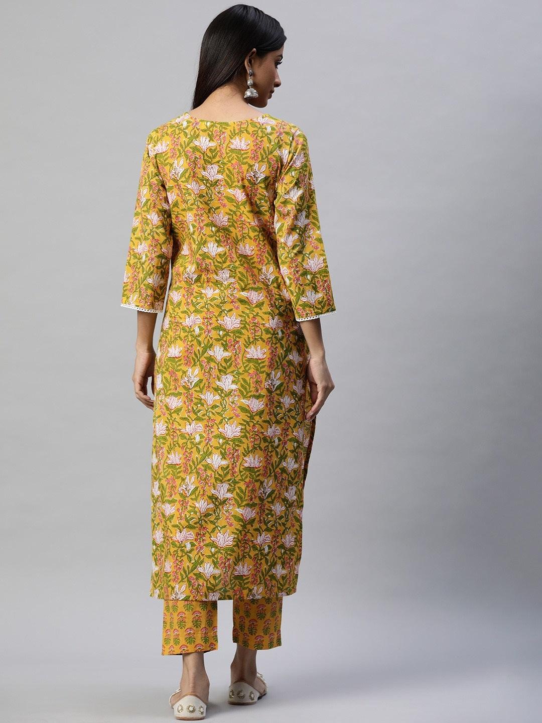 Yellow Floral Printed Straight Kurta Pant Sets | LASVINI - Redefining Indian Fashion with Elegance