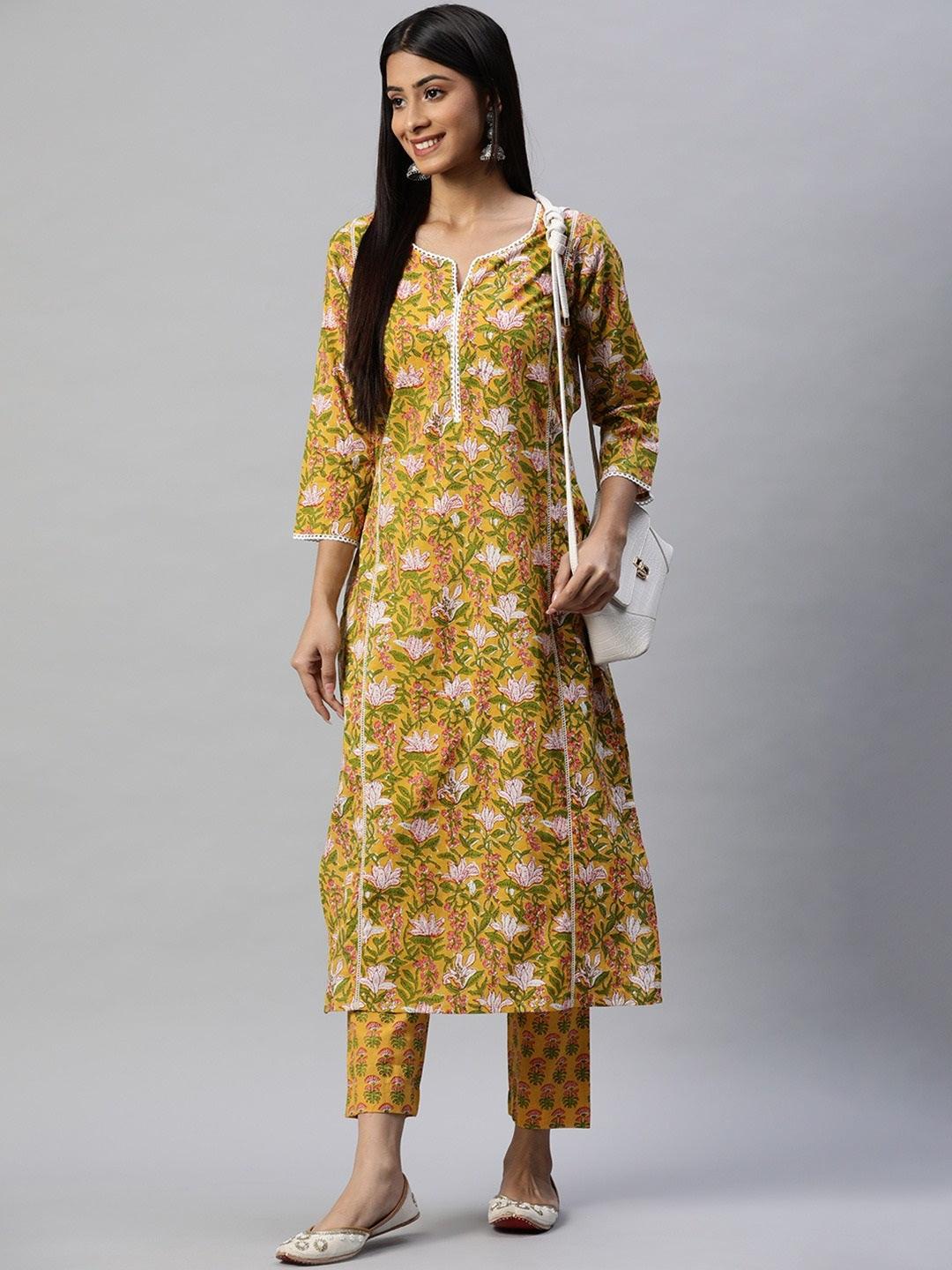 Yellow Floral Printed Straight Kurta Pant Sets | LASVINI - Redefining Indian Fashion with Elegance