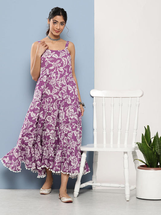 Purple Floral Shoulder Strip Long Dress | LASVINI - Redefining Indian Fashion with Elegance