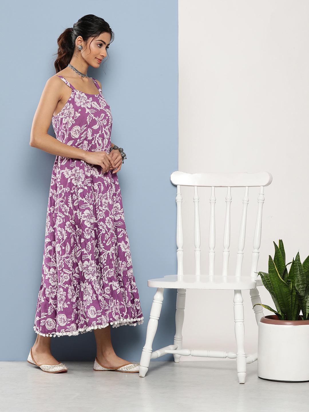 Purple Floral Shoulder Strip Long Dress | LASVINI - Redefining Indian Fashion with Elegance