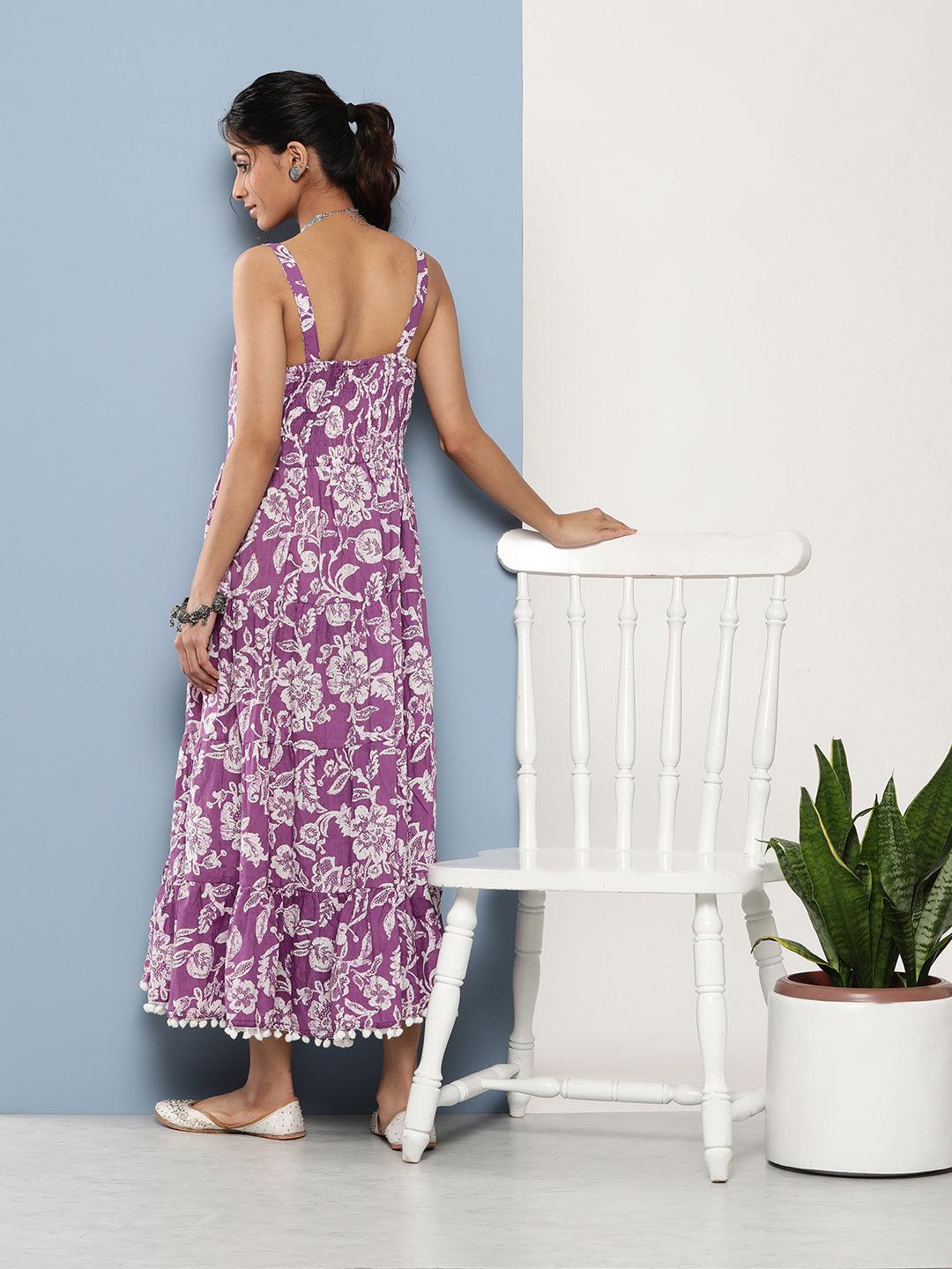 Purple Floral Shoulder Strip Long Dress | LASVINI - Redefining Indian Fashion with Elegance