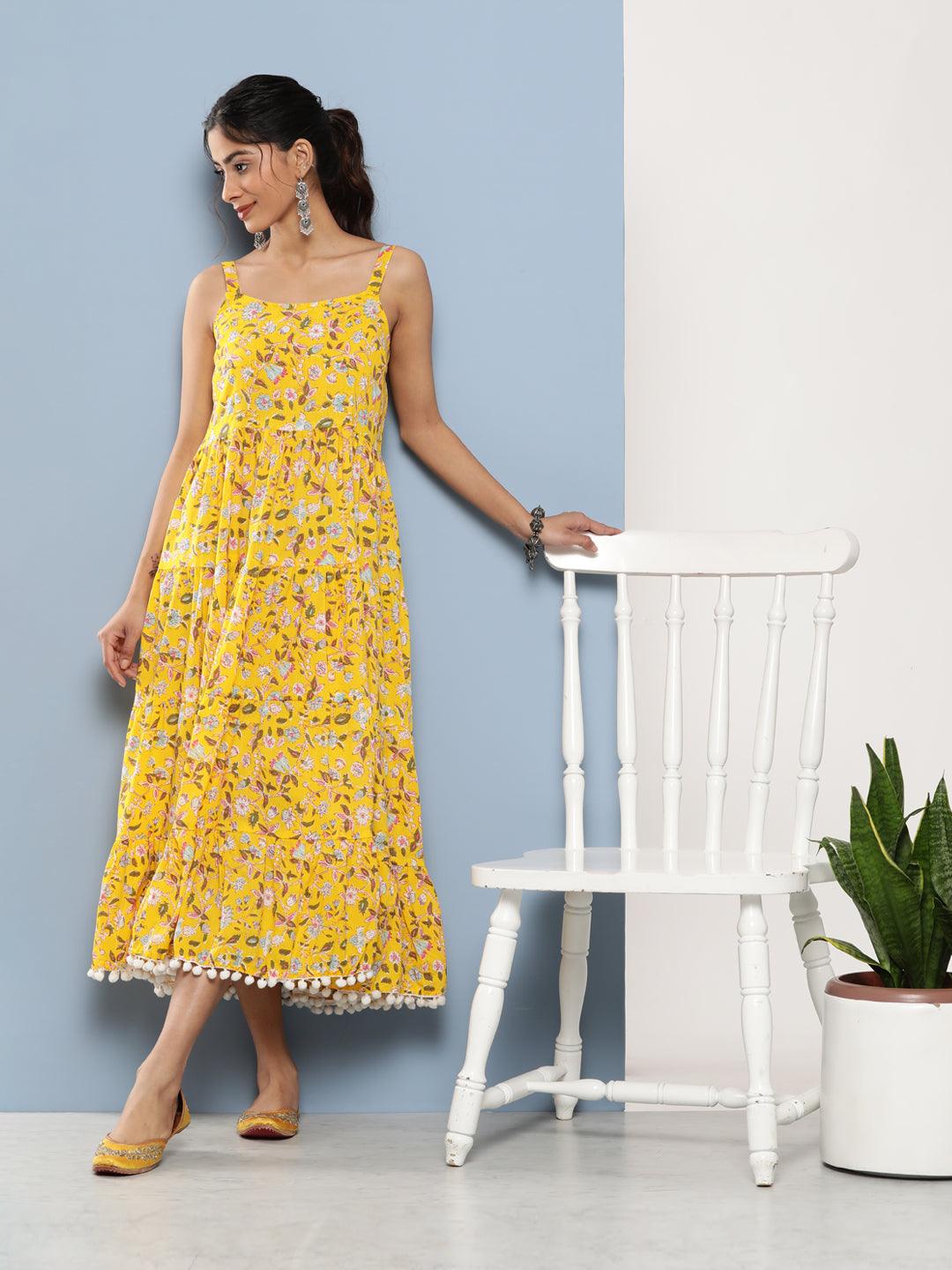 Yellow Floral Shoulder Strip Long Dress | LASVINI - Redefining Indian Fashion with Elegance