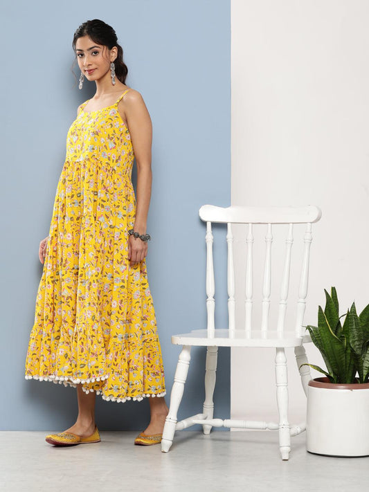 Yellow Floral Shoulder Strip Long Dress | LASVINI - Redefining Indian Fashion with Elegance