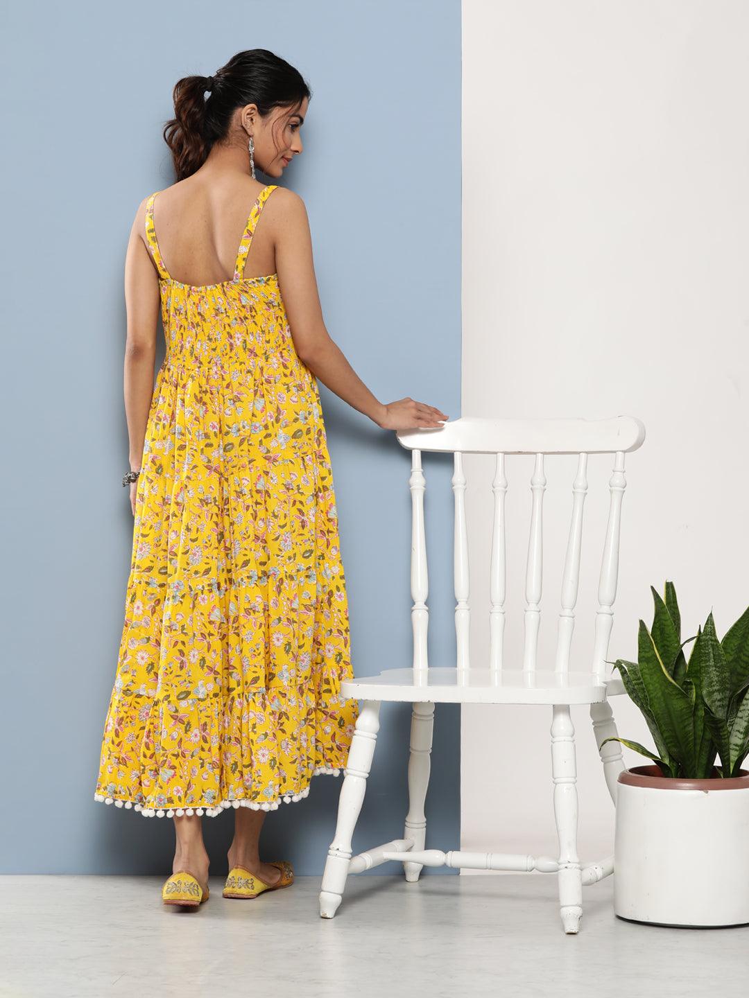 Yellow Floral Shoulder Strip Long Dress | LASVINI - Redefining Indian Fashion with Elegance