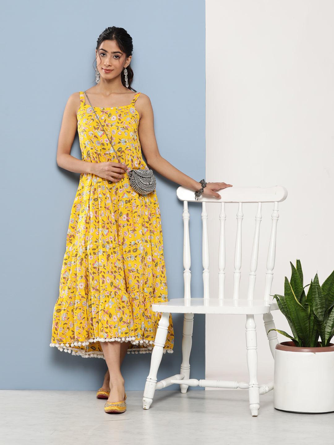 Yellow Floral Shoulder Strip Long Dress | LASVINI - Redefining Indian Fashion with Elegance