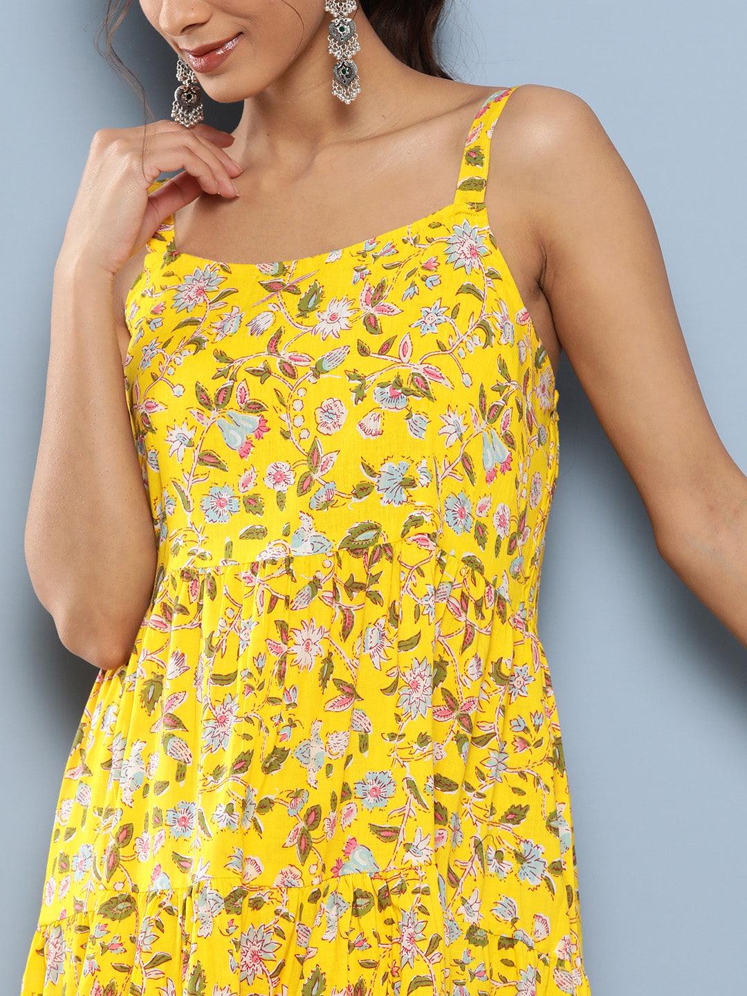 Yellow Floral Shoulder Strip Long Dress | LASVINI - Redefining Indian Fashion with Elegance