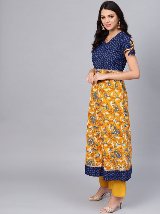 Women'S Gorgeous Blue And Mustard Anarkali | LASVINI - Redefining Indian Fashion with Elegance