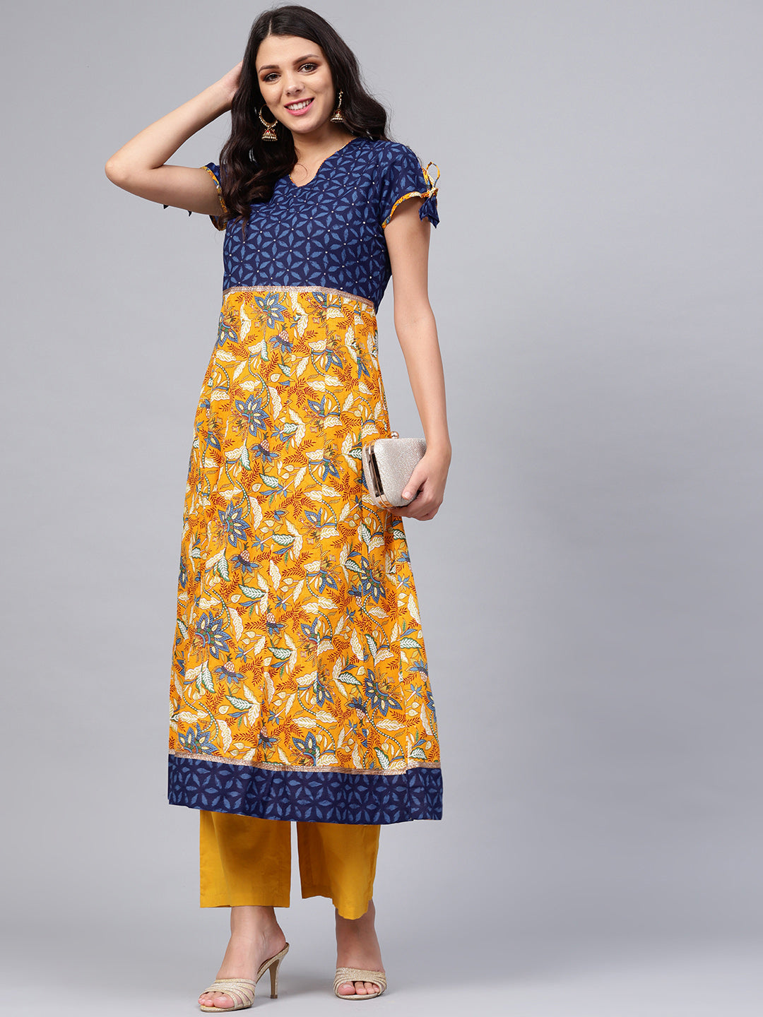 Women'S Gorgeous Blue And Mustard Anarkali | LASVINI - Redefining Indian Fashion with Elegance