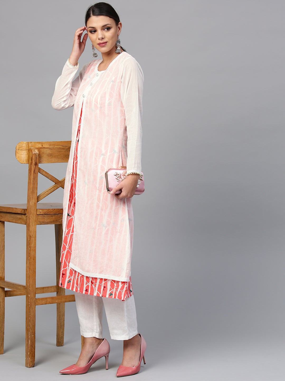 Women'S White Striped Kurta With Muslin Jacket | LASVINI - Redefining Indian Fashion with Elegance