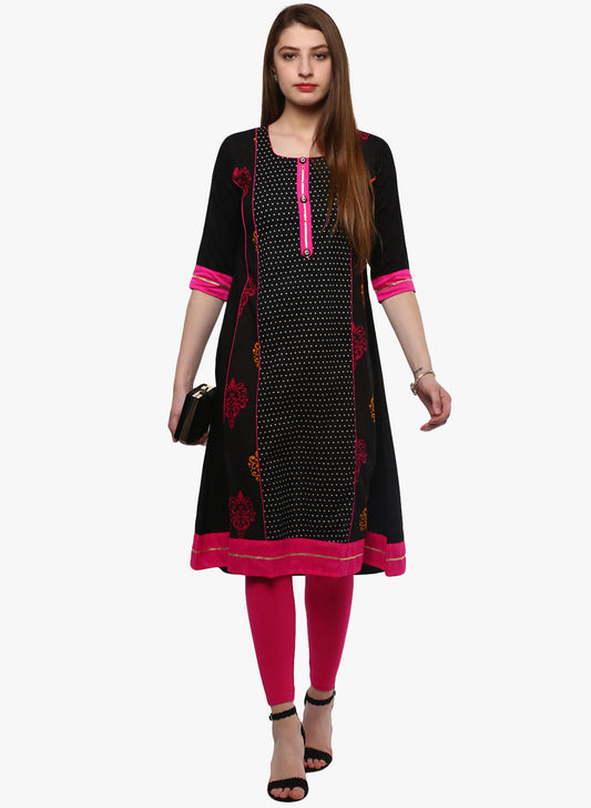Women'S Black Printed A-Line Rayon And Cotton Kurta | LASVINI - Redefining Indian Fashion with Elegance