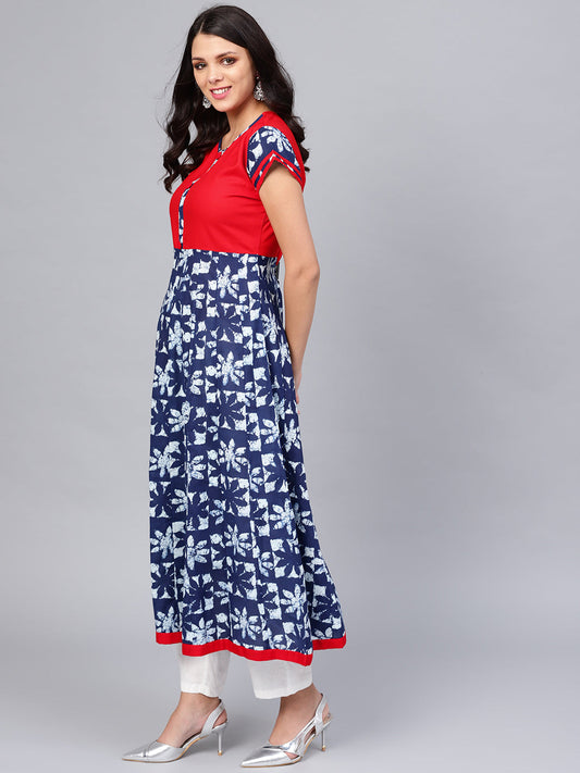 Women'S Indigo Blue Printed Cotton Anarkali | LASVINI - Redefining Indian Fashion with Elegance