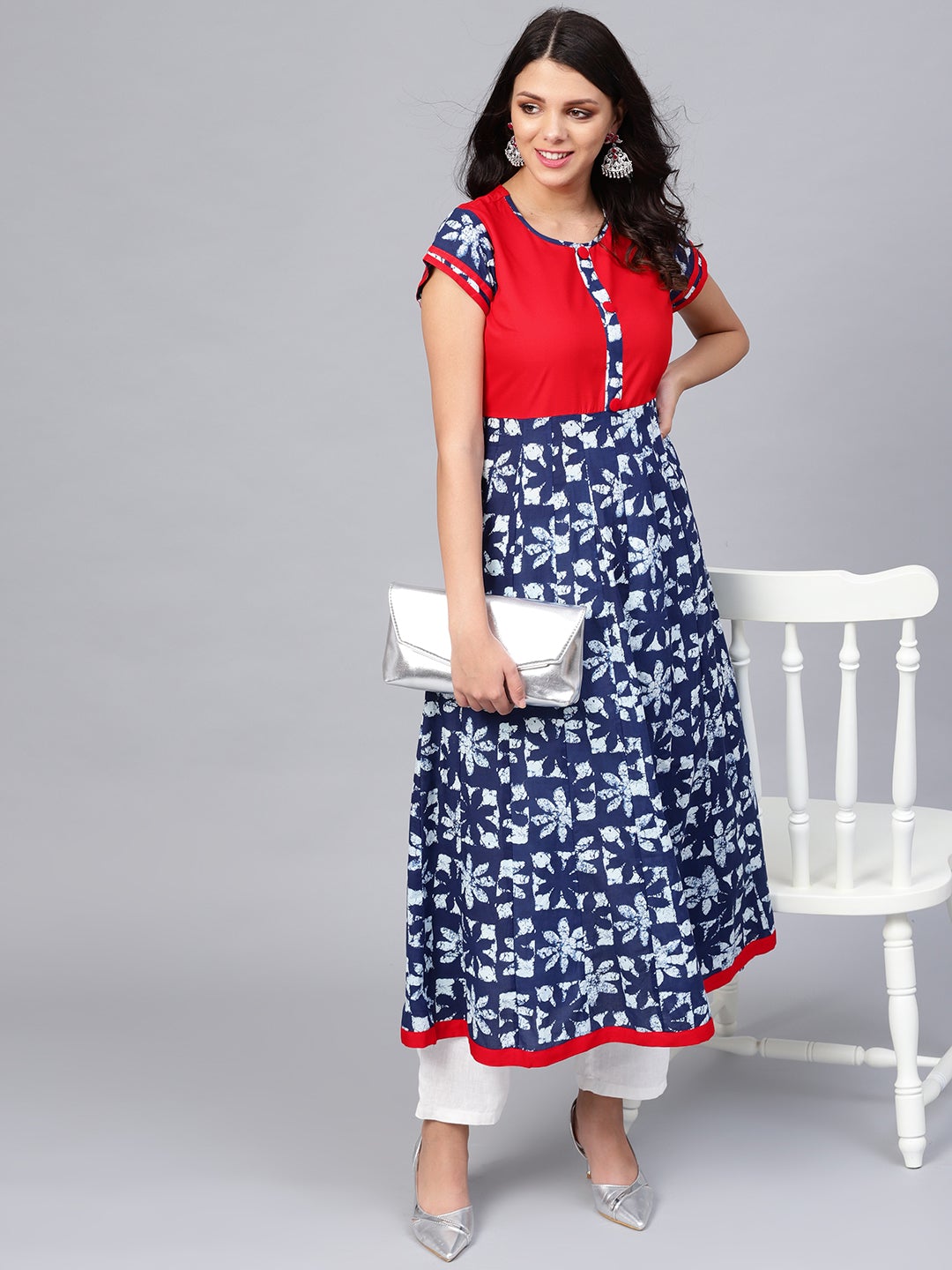 Women'S Indigo Blue Printed Cotton Anarkali | LASVINI - Redefining Indian Fashion with Elegance