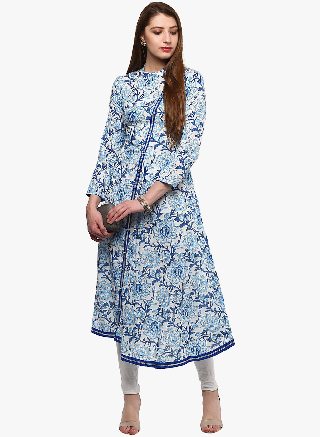 Women'S Hand Block Blue And White Printed Angrakha Anarkali | LASVINI - Redefining Indian Fashion with Elegance