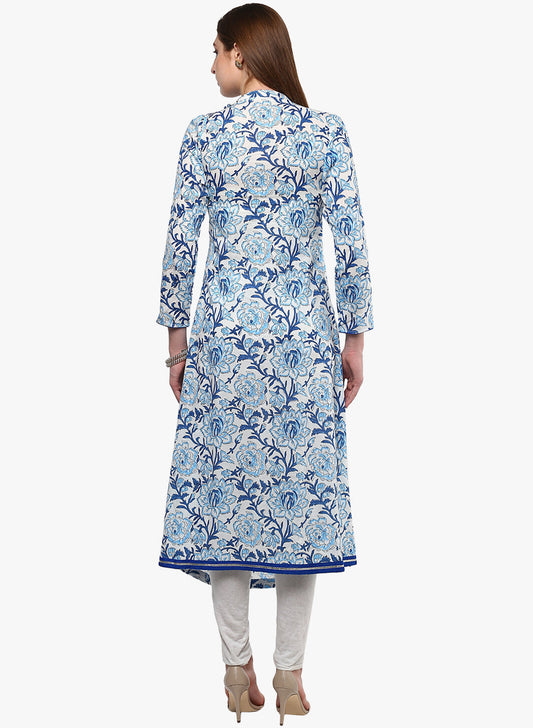 Women'S Hand Block Blue And White Printed Angrakha Anarkali | LASVINI - Redefining Indian Fashion with Elegance