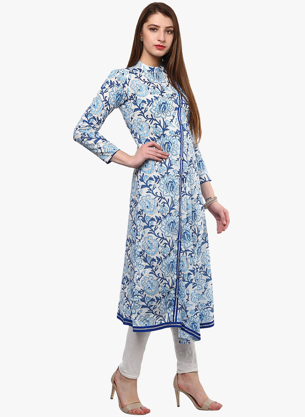Women'S Hand Block Blue And White Printed Angrakha Anarkali | LASVINI - Redefining Indian Fashion with Elegance