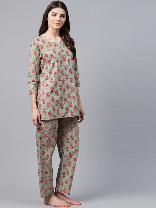 Women'S Green Printed Loungewear /Nightwear | LASVINI - Redefining Indian Fashion with Elegance