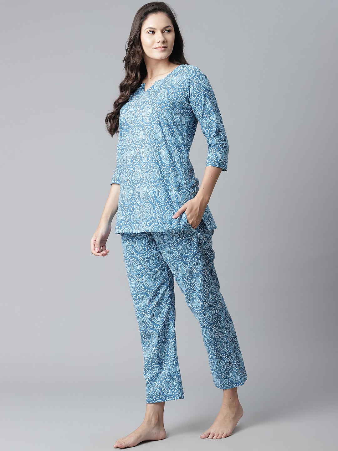 Women'S Blue Printed Cotton Nightwear | LASVINI - Redefining Indian Fashion with Elegance