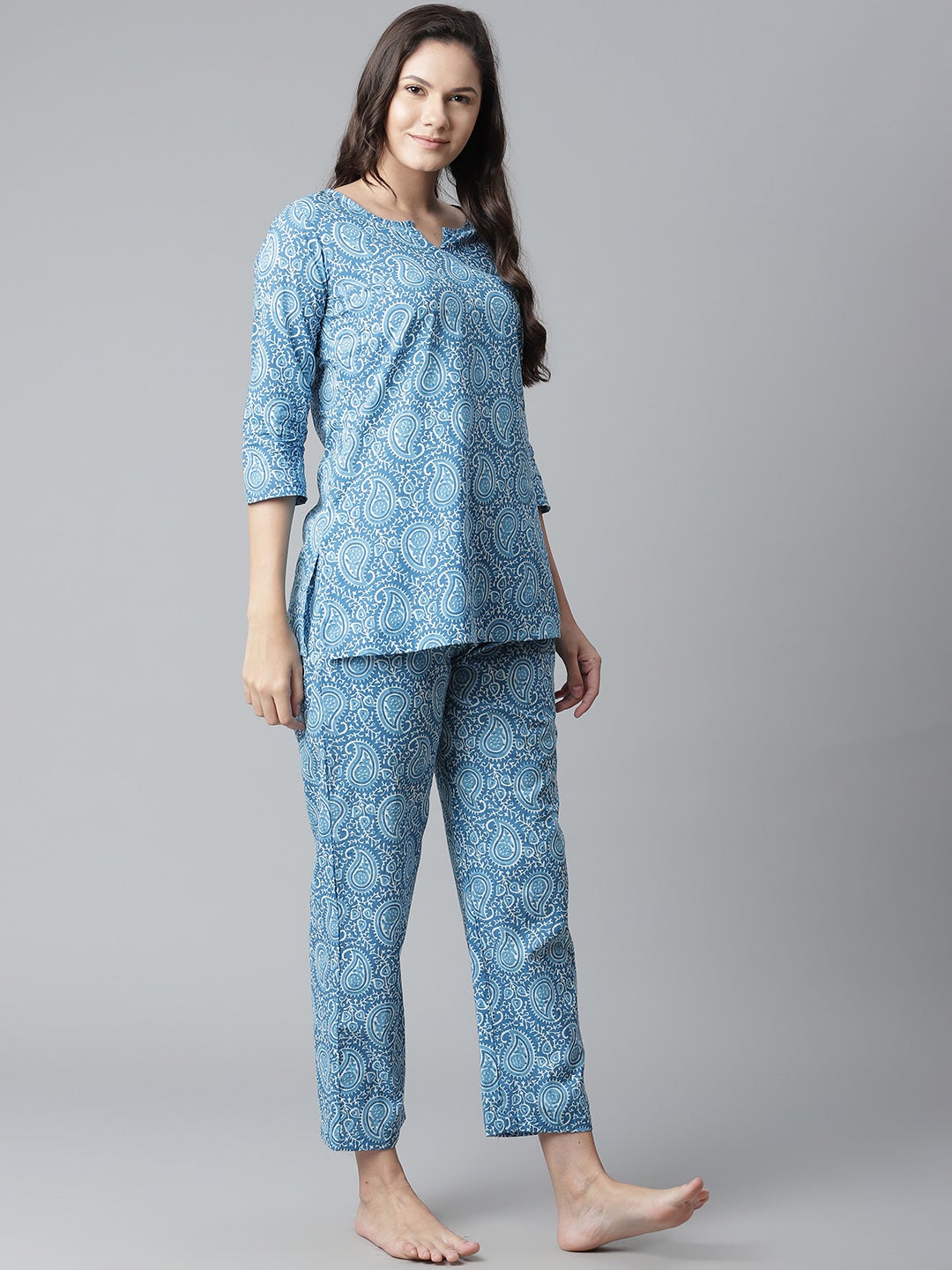 Women'S Blue Printed Cotton Nightwear | LASVINI - Redefining Indian Fashion with Elegance