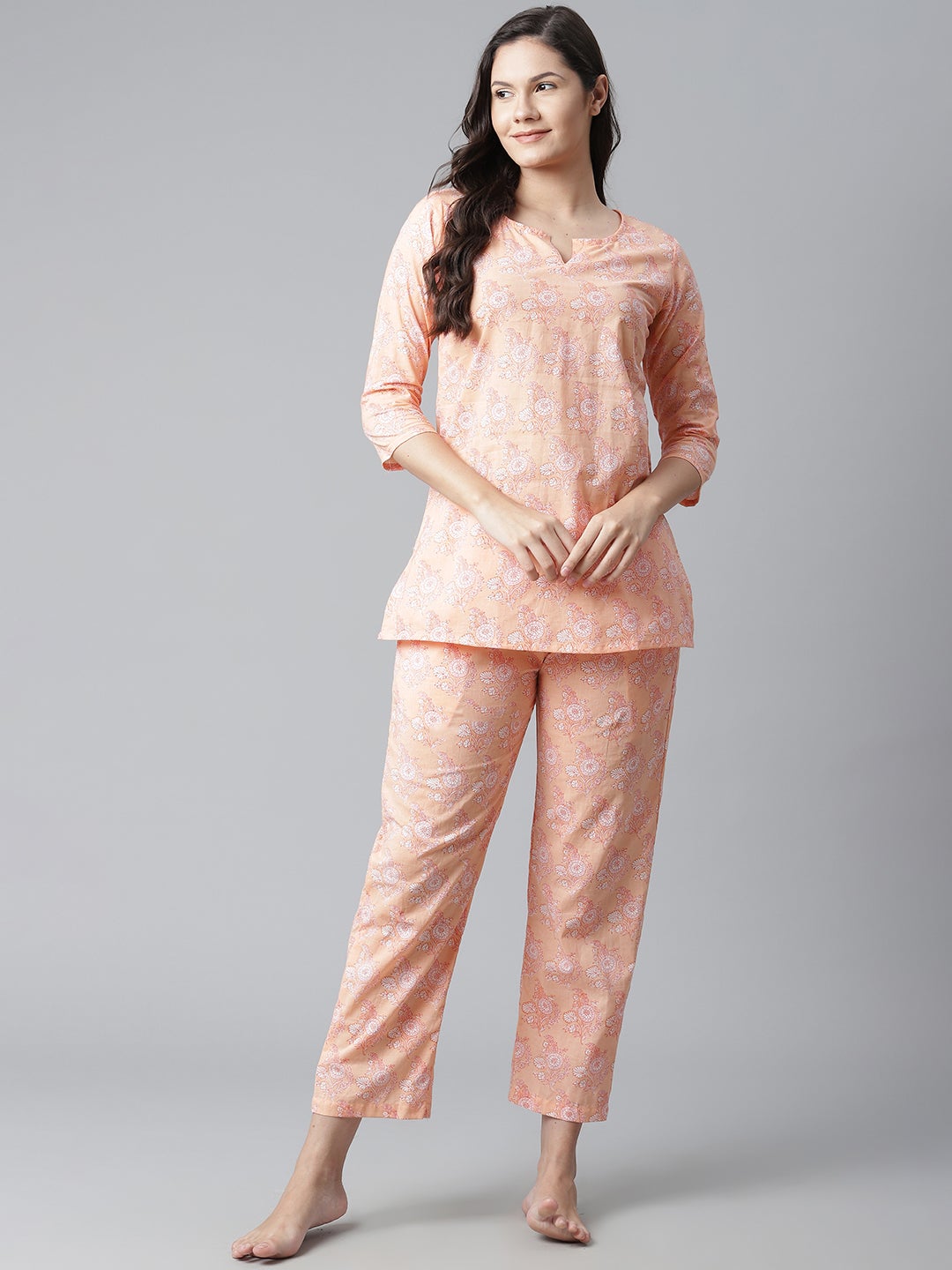Women'S Peach Printed Cotton Nightwear | LASVINI - Redefining Indian Fashion with Elegance