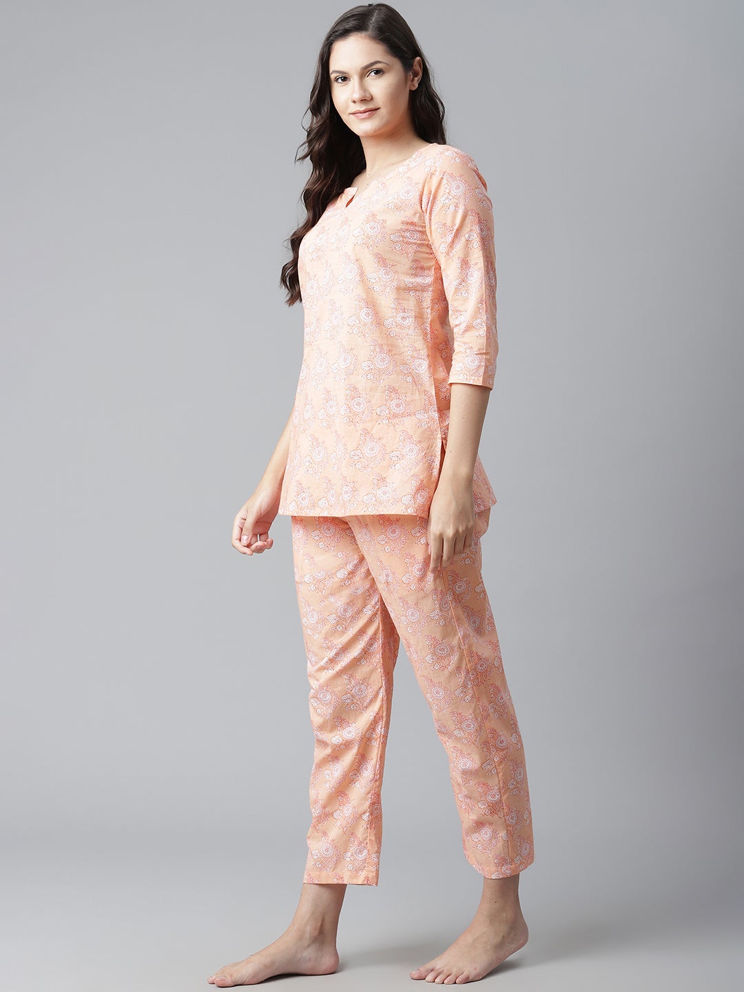 Women'S Peach Printed Cotton Nightwear | LASVINI - Redefining Indian Fashion with Elegance