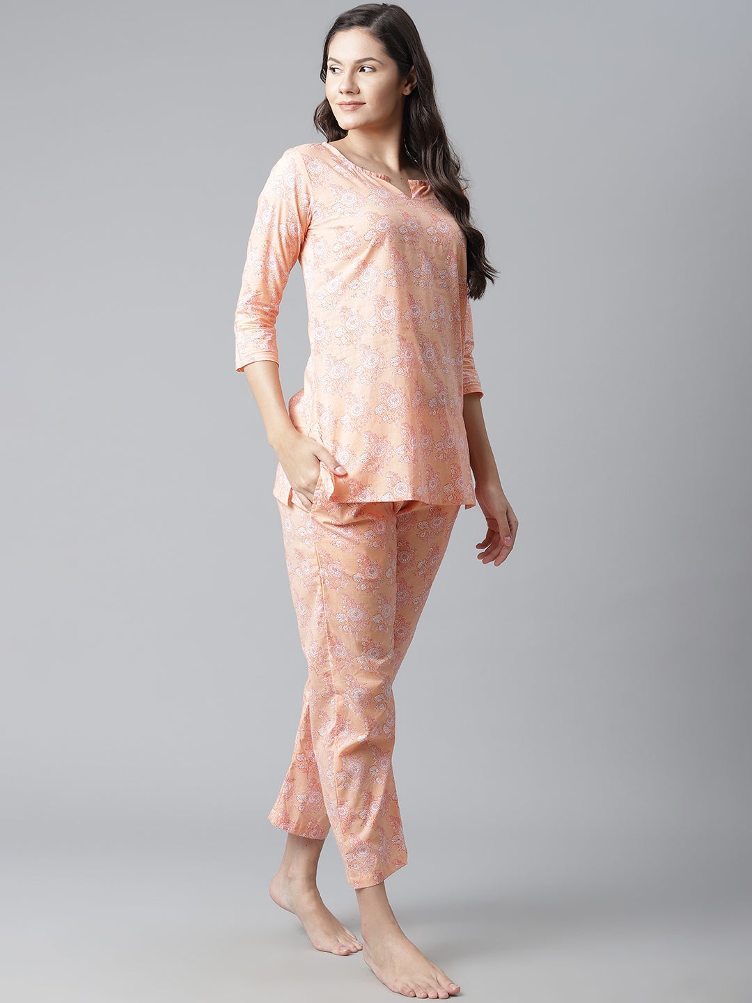 Women'S Peach Printed Cotton Nightwear | LASVINI - Redefining Indian Fashion with Elegance
