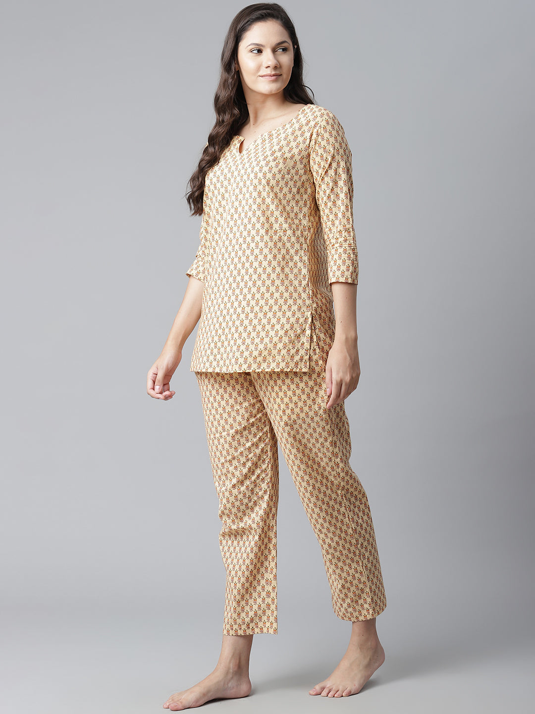 Women'S Yellow Buti Print Cotton Nightwear | LASVINI - Redefining Indian Fashion with Elegance