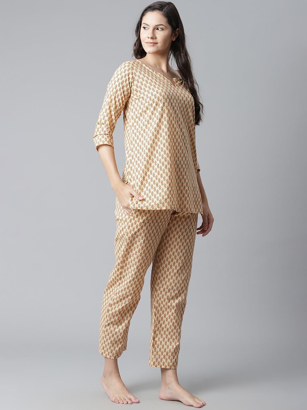 Women'S Yellow Buti Print Cotton Nightwear | LASVINI - Redefining Indian Fashion with Elegance