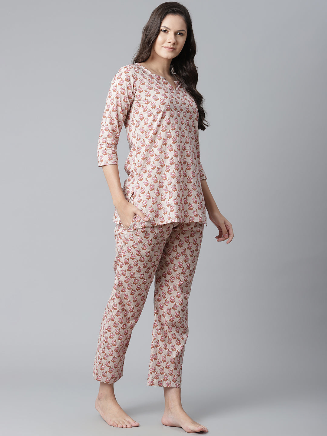 Women'S Floral Pink Motif Cotton Nightsuit | LASVINI - Redefining Indian Fashion with Elegance