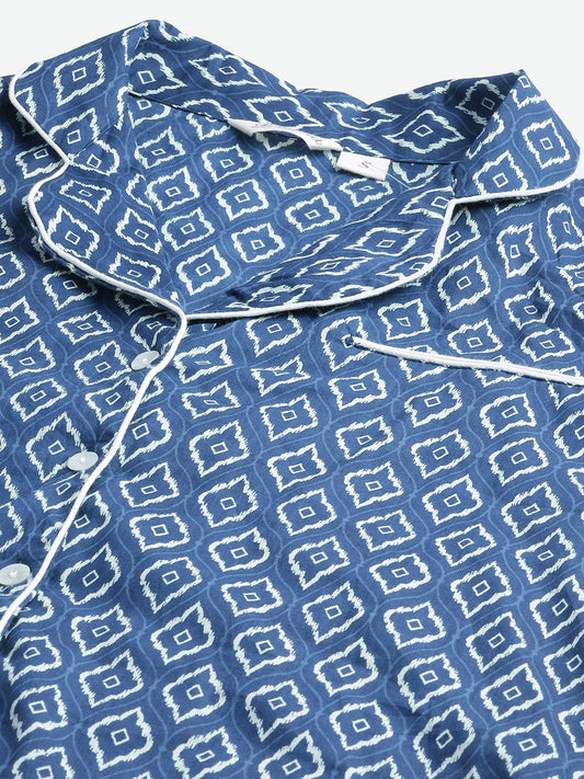 Women'S Indigo Printed Cotton Nightsuit | LASVINI - Redefining Indian Fashion with Elegance