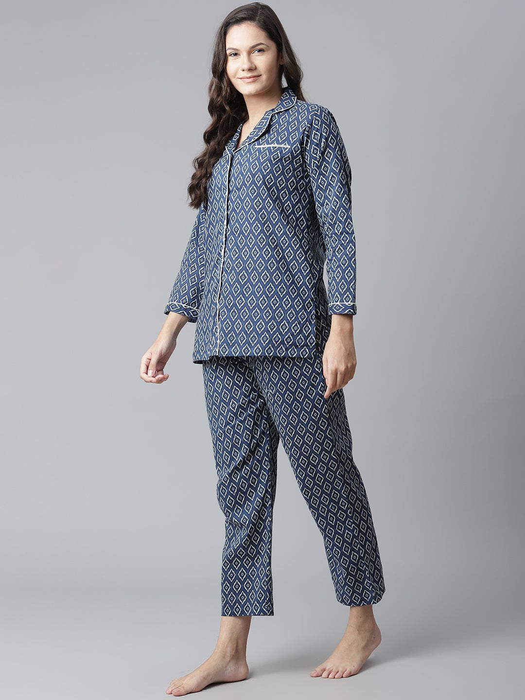 Women'S Indigo Printed Cotton Nightsuit | LASVINI - Redefining Indian Fashion with Elegance