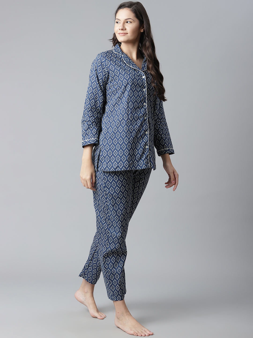 Women'S Indigo Printed Cotton Nightsuit | LASVINI - Redefining Indian Fashion with Elegance
