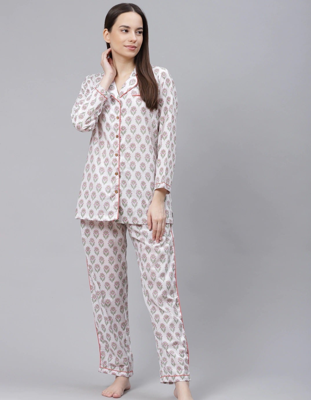 Women'S White Printed Cotton Night Suit | LASVINI - Redefining Indian Fashion with Elegance