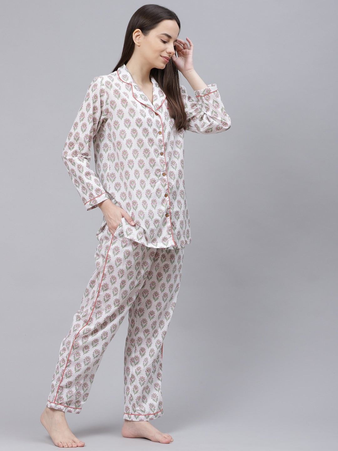 Women'S White Printed Cotton Night Suit | LASVINI - Redefining Indian Fashion with Elegance