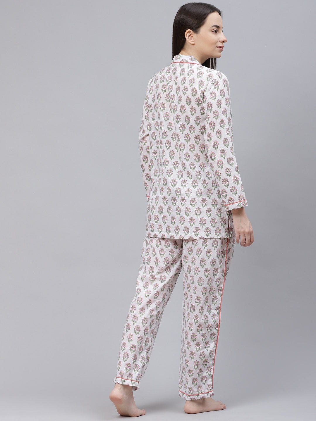 Women'S White Printed Cotton Night Suit | LASVINI - Redefining Indian Fashion with Elegance