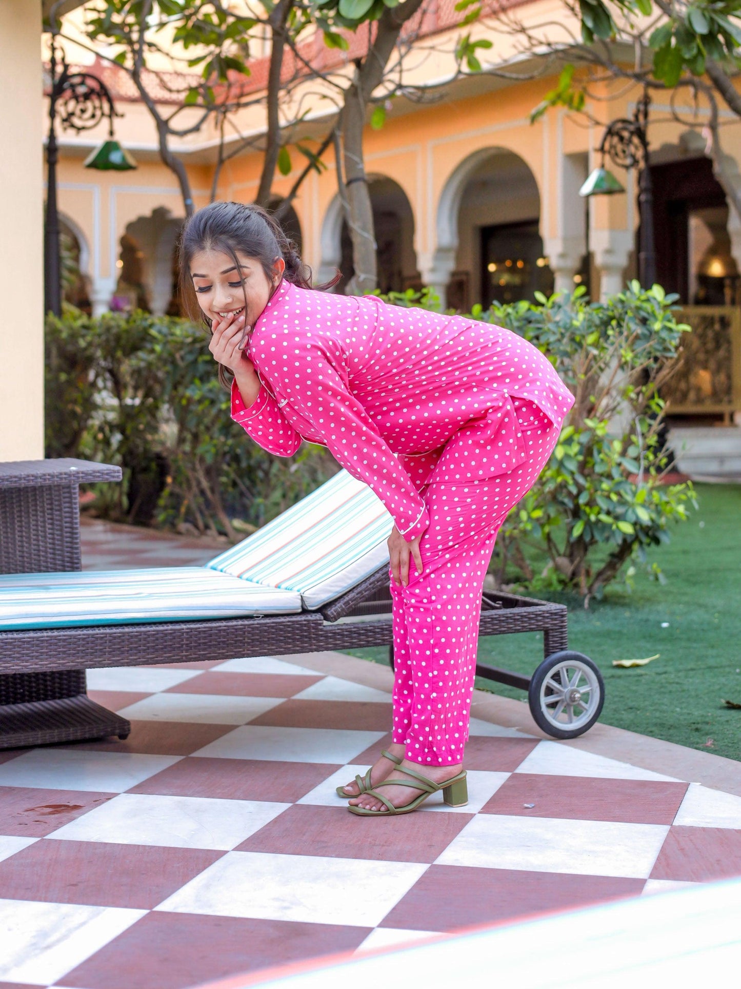 Pink Polka Dot Cotton Night Suit | LASVINI - Redefining Indian Fashion with Elegance