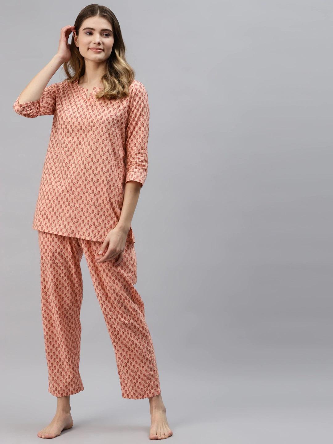 Peach Floral Printed Night Suit | LASVINI - Redefining Indian Fashion with Elegance